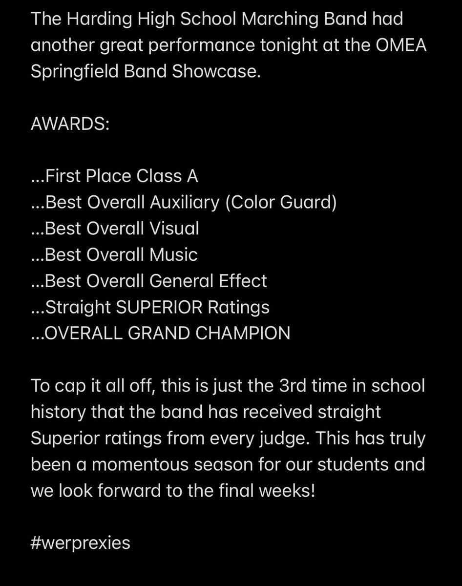 hhsmb's tweet photo. AWARDS:

...First Place Class A
...Best Overall Auxiliary (Color Guard)
…Best Overall Visual
…Best Overall Music
…Best Overall General Effect
...Straight SUPERIOR Ratings 
…OVERALL GRAND CHAMPION🏆 https://t.co/JTRSSmyqLD
