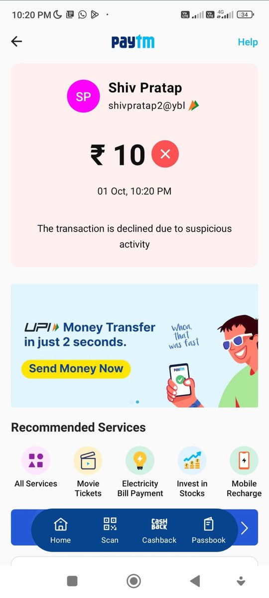 SiyolShiv's tweet photo. @Paytmcare mere paytm se upi payment nahi kar rha hu 9929256691 https://t.co/c6f2DZWHxo