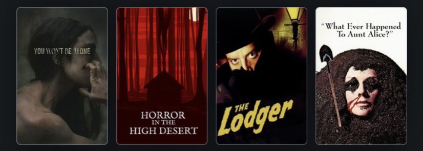 BabyJaba's tweet photo. @letterboxd You Won’t Be Alone
Horror in the High Desert
The Lodger
What Ever Happened to Aunt Alice?
You ready @MMA_and_LaCroix? https://t.co/Tdnagbps1X