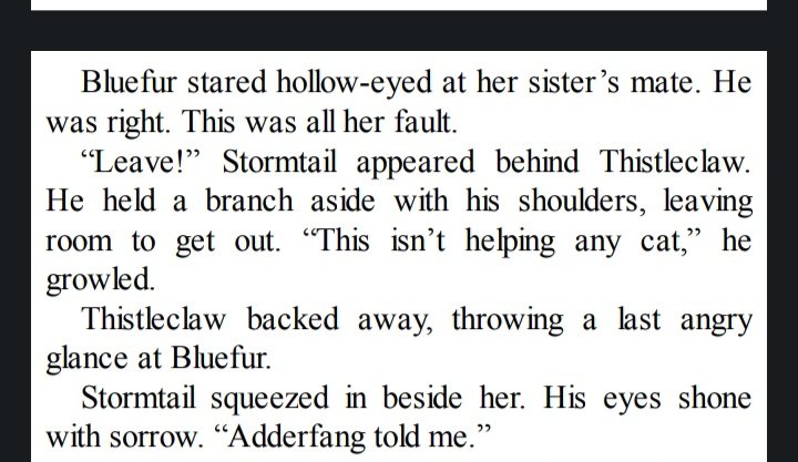 omg he does not gaf about whitekits wellbeing christ. how bad does your parenting have to be to be to force somebody ELSE'S terrible father step in. this is the only time stormtail offers bluefur any emotional attention this ENTIRE book