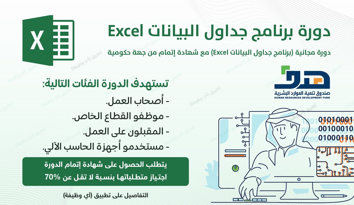 ewdifh's tweet photo. (🔴) دورة مجانية من (جهة حكومية) مع (شهادة إتمام):

صندوق هدف يعلن إقامة دورة تدريبية (مجانية) عبر منصة دروب #عن_بُعد بعنوان (برنامج جداول البيانات Excel) تهدف إلى تطوير مهاراتك أكثر في برنامج Excel وتعلم كيف تستخدمه بالطريقة الصحيحة.

تفاصيل https://t.co/VH0181NGJQ
#دورات_مجانية https://t.co/0n1e3vJqld