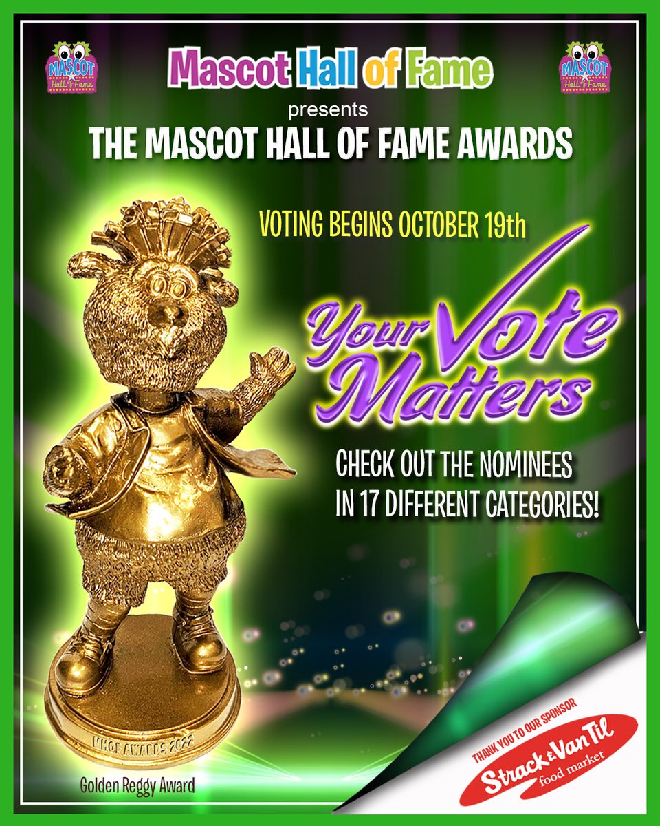 MascotHall's tweet photo. The #MascotHallofFameAwards ballot is up and you can check out all the nominees! These are the mascots YOU nominated and will be able to vote on next week!
https://t.co/4hO2EBTtsS
#MascotHall #MHOFAwards #Mascot #GoldenReggy
#StrackVanTil
https://t.co/BPTrTz7Ggr https://t.co/7MQCr9ccBt