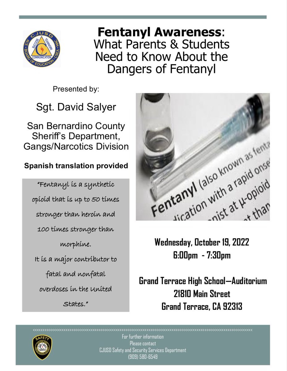CJUSDSafety's tweet photo. Good afternoon @ColtonJUSD #community! Please share, repost, and help us #GetTheWord out about this important safety presentation on the dangers of #fentanyl. This information can save lives! #CJUSD @AAPAC_CJUSD @CJUSD_PPS @CJUSD_MH @CjusdAdultEd @CJUSD_MO @Nutrition_CJUSD https://t.co/fUDgZ1YXfX