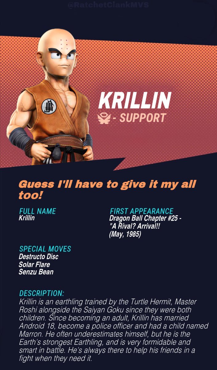 Volcanath's tweet image. Here it is! My 300 follower special!
I've made an updated Krillin bio, badge, and profile icon, along with a moveset concept and character alt and inspo concept! Along with these, this post will also be a Q and A! Ask me anything you'd like, and I'll answer if I'm comfortable. 🙂
