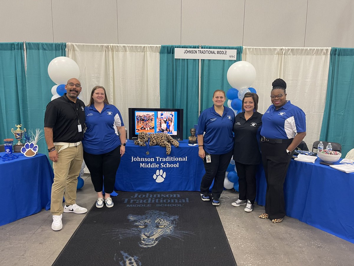 ShepatShawnee's tweet photo. Today was the Showcase of Schools for JCPS! We got to speak the langauage of the Lyman T. Johnson Jags! I will forever love what we are doing for students and their families! 💙🐆 #ExpectExcellence #WeAreJCPS @MrCathey21 @Dontdoubtknipp @MissHobbs83 @MsStevenson27 https://t.co/UXFXDog2vE