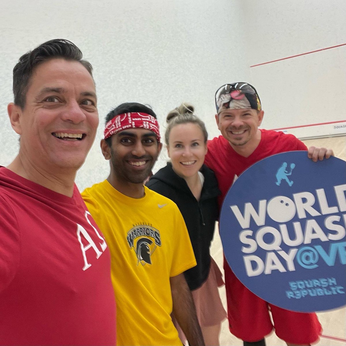 SquashRepublic's tweet photo. We started @WorldSquashDay with an epic 5 setter #Dubs match. I offered to stop at 2-2 (aka #TiedAtFun) but no!
@PhotozMr and I snuck out a win over @hsalemwalla and @lizpaigemacey 💥
#squashincanada
#squashinbc
#worldsquashday2022
#squashlife
#squadgoals
#squashislife https://t.co/CQ0vFDY0oH
