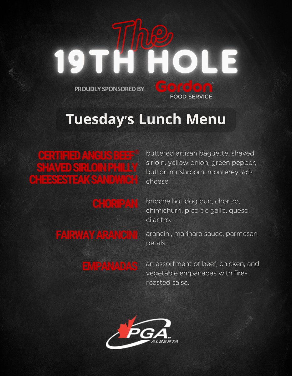 pgaofalberta's tweet photo. Only 3 days away from the Grand Opening of the PGA Buying Show!! (Oct. 18-20 @ Calgary BMO Centre)
See Tuesday's Lunch Menu in the 19th Hole sponsored by @GFSCanada. The 19th Hole is complimentary for all Attendees & Exhibitors at the Show!! #buyingshow #gordonfoodservice https://t.co/Zcv5lRReaU