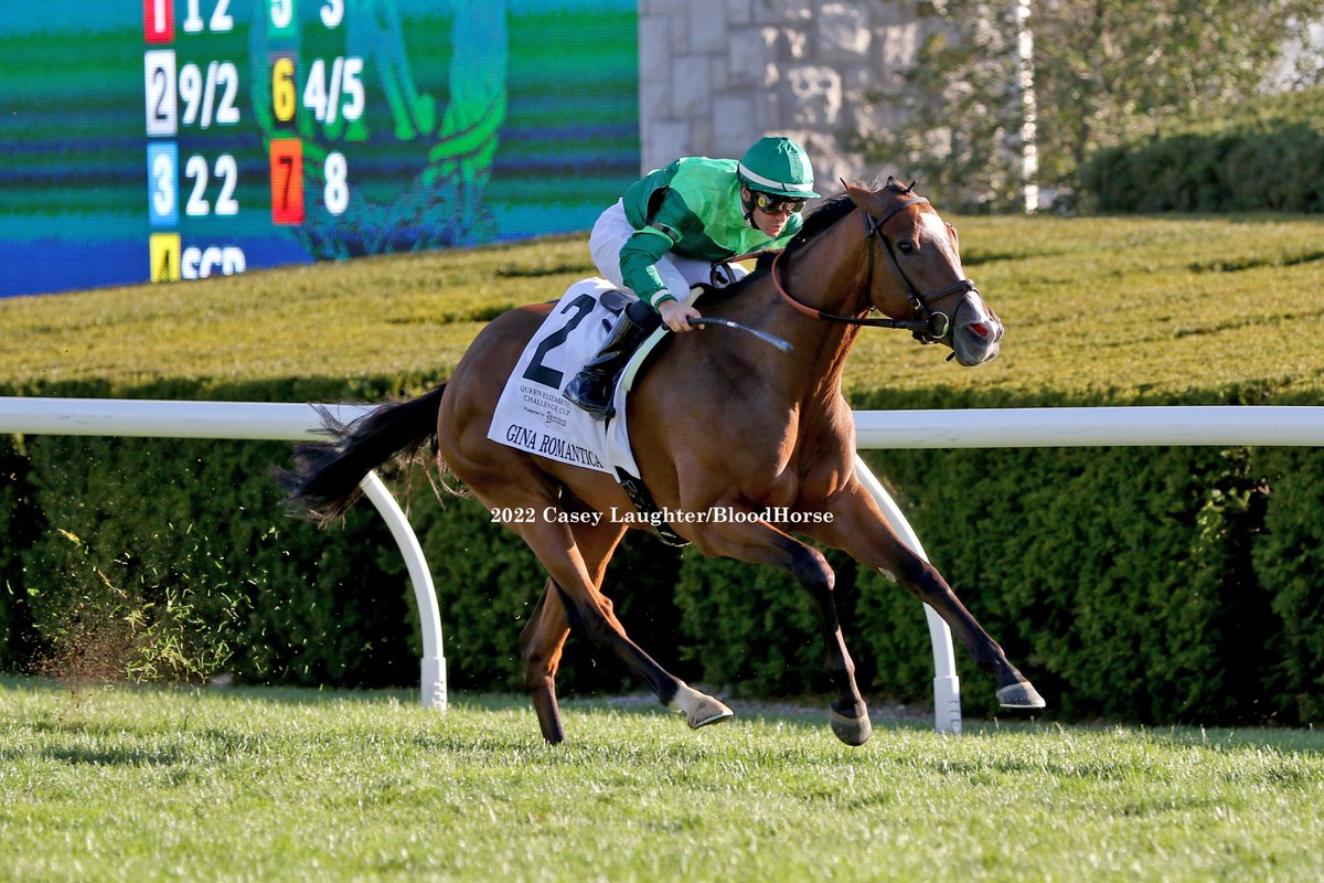 casey_laughter's tweet photo. #GinaRomantica (Into Mischief; @spendthriftfarm) wins the G1 QE II Challenge Cup at @keeneland for trainer #ChadBrown and owner #PeterBrant with jockey #FlavienPrat. @BloodHorse https://t.co/DoMedrBfyR