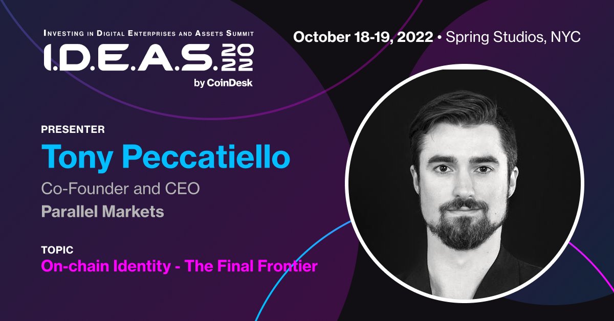 CoinDesk's tweet photo. .@LaPecc hits the #CoinDeskIDEAS stage next week.

The @parallelmarkets co-founder and CEO will share his vision for what on-chain identity looks like for individuals and businesses operating in #Web3.
 
Join us: https://t.co/njUOAksOUR https://t.co/fAI8FRRuR8