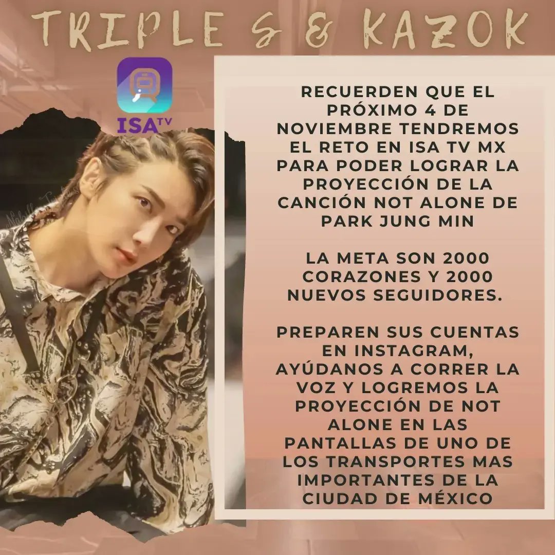 Fuerza_TS_Latam's tweet photo. #TripleS #Kazok
PRÓXIMO 4 DE NOVIEMBRE!! 
Corramos la voz
Unamos esfuerzos
Logremos la meta

NOT ALONE EN LAS PANTALLAS DE @isatvmex 🥰💚🐴

#ParkJungMin 
#TripleS 
#Kazok 
#SS501 
#IsaTvMex https://t.co/XJAhiMXdqw