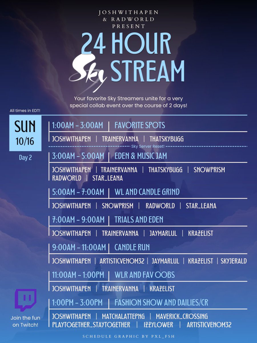 Get ready Sky kids!

@joshywithapen and <a href="/radforaw/">Andy</a> are holding a 24 hours Sky stream on Twitch with 20 other Sky streamers, including:
- Iridaze
- <a href="/Maverick_Xing/">Maverick_Crossing</a>
- <a href="/StarlitSiren/">AURELiA ✨🌊 Dreamworld Overseer</a>
- and many others!

Please, go show them some love and support: twitch.tv/joshwithapen