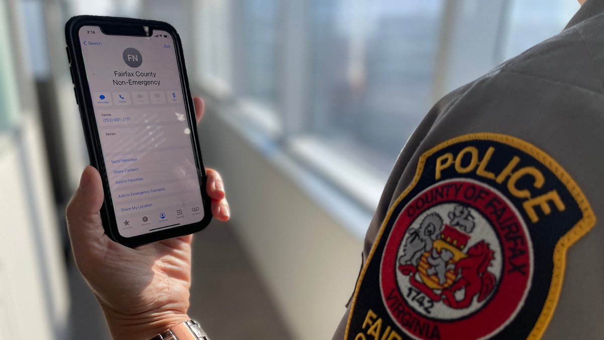 FairfaxCountyPD's tweet photo. Consider adding the non-emergency number, 703-691-2131, to your phone. The non-emergency line should be used for situations such as a crash where no one is injured, a suspicious person or to file a police report. In the event of an emergency, call 911. #FCPD https://t.co/bsuG8MkJ2Y