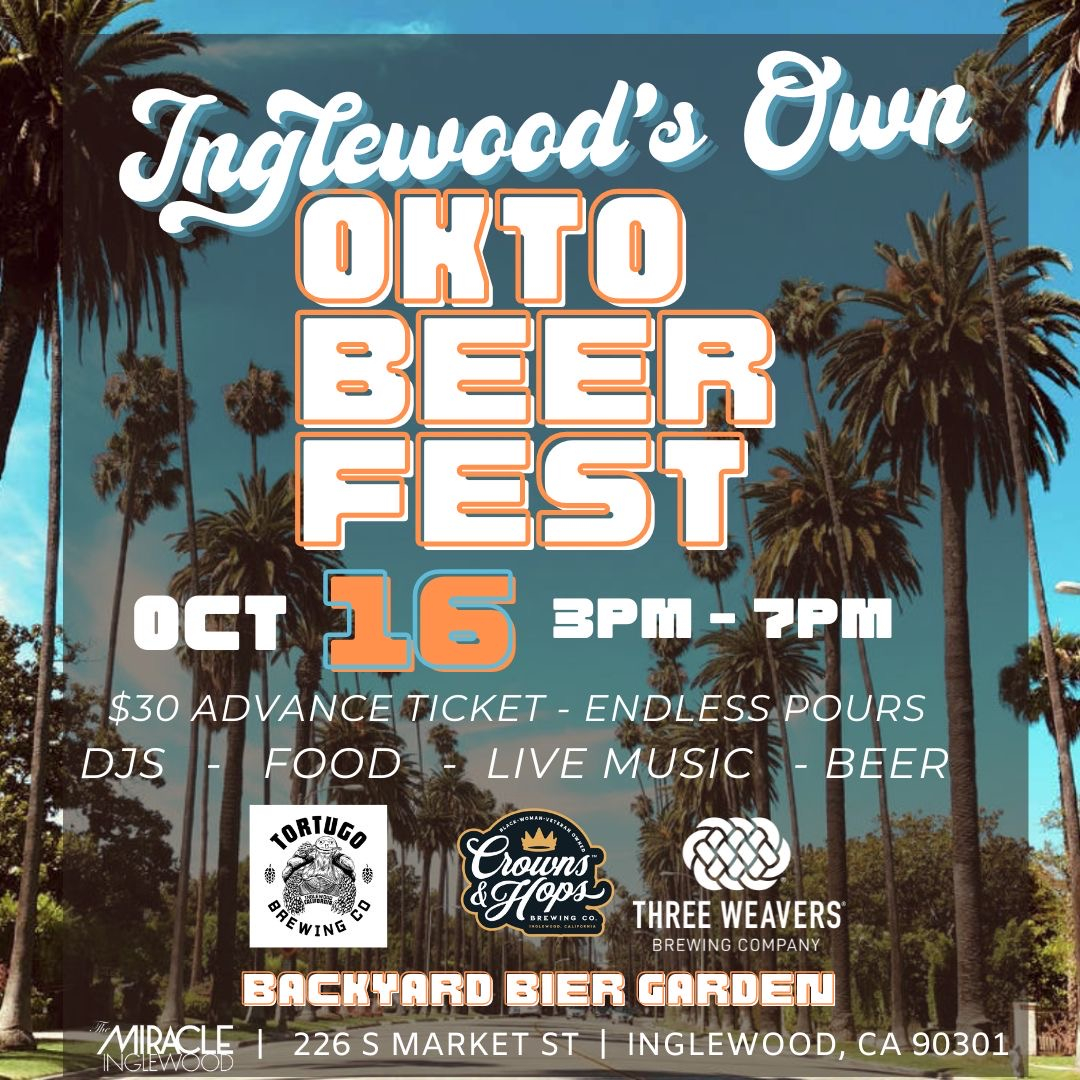 SUNDAY…. INGLEWOODS OWN OctoBEERfest @THEMIRACLEINGLEWOOD - Pull up to @themiracleinglwood Sunday, 10.16, 3 - 7pm ALL THREE Inglewood Breweries will be in the building @Crownsandhops @Threeweavers @tortugobrewing $30 endless pours - All revenues support arts and culture in d
