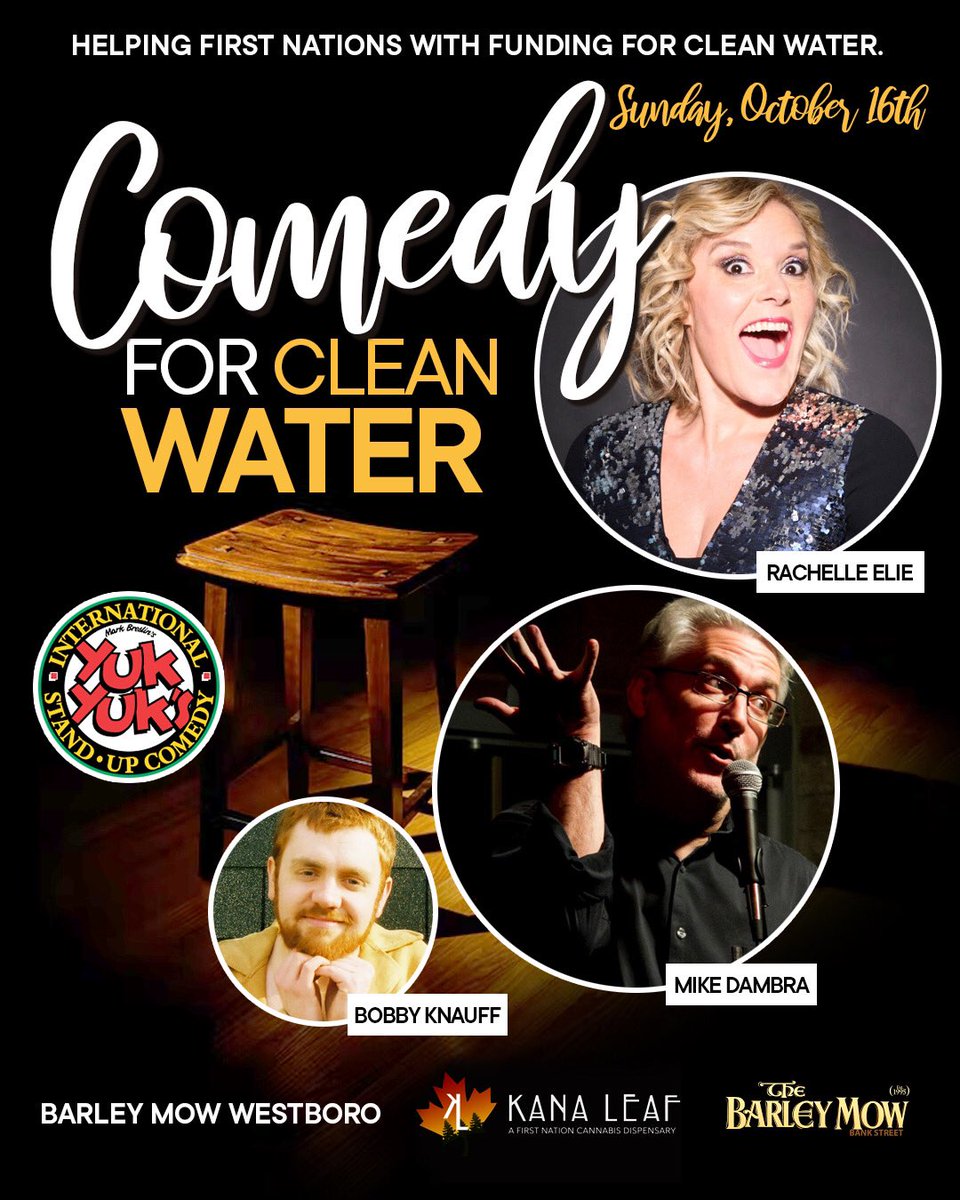 Comedy Night in Westboro! Please RT!

Don’t miss a night of big laughs — for a cause! 

🗓 Sunday @ 7pm
📍 <a href="/BarleyMowOttawa/">The Barley Mow</a> Westboro
Partnership w Kana Leaf!

Laughs from:
😂 <a href="/RashElie/">Rachelle Elie</a>
😆 <a href="/picklestruth/">Mike Dambra</a>
🤣 Bobby Knauff

Proceeds to <a href="/waterfirstngo/">Water First Education & Training Inc.</a>.

Tickets: eventbrite.ca/e/comedy-for-c…
