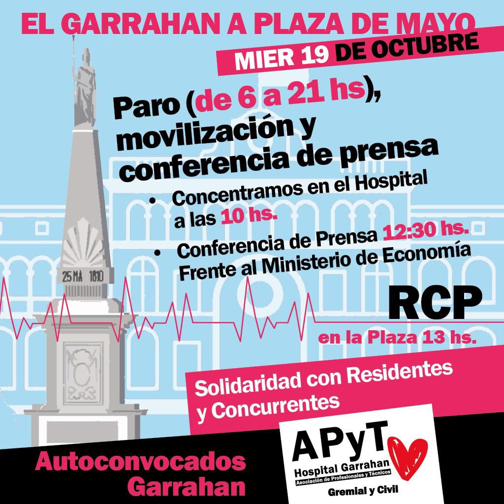 Seguimos sin respuesta, seguimos en lucha, seguimos defendiendo la salud pública y un modelo hospitalario de excelencia. MIÉRCOLES 19/10 PARO. <a href="/carlavizzotti/">Carla Vizzotti</a> <a href="/FernanQuirosBA/">Fernán Quirós</a> <a href="/alferdez/">Alberto Fernández</a> <a href="/horaciorlarreta/">Larreta</a> #garrahandepie <a href="/C5N/">C5N</a> <a href="/clarincom/">Clarín</a> <a href="/telefenoticias/">Telefe Noticias</a> <a href="/todonoticias/">TN - Todo Noticias</a> <a href="/LANACION/">LA NACION</a>