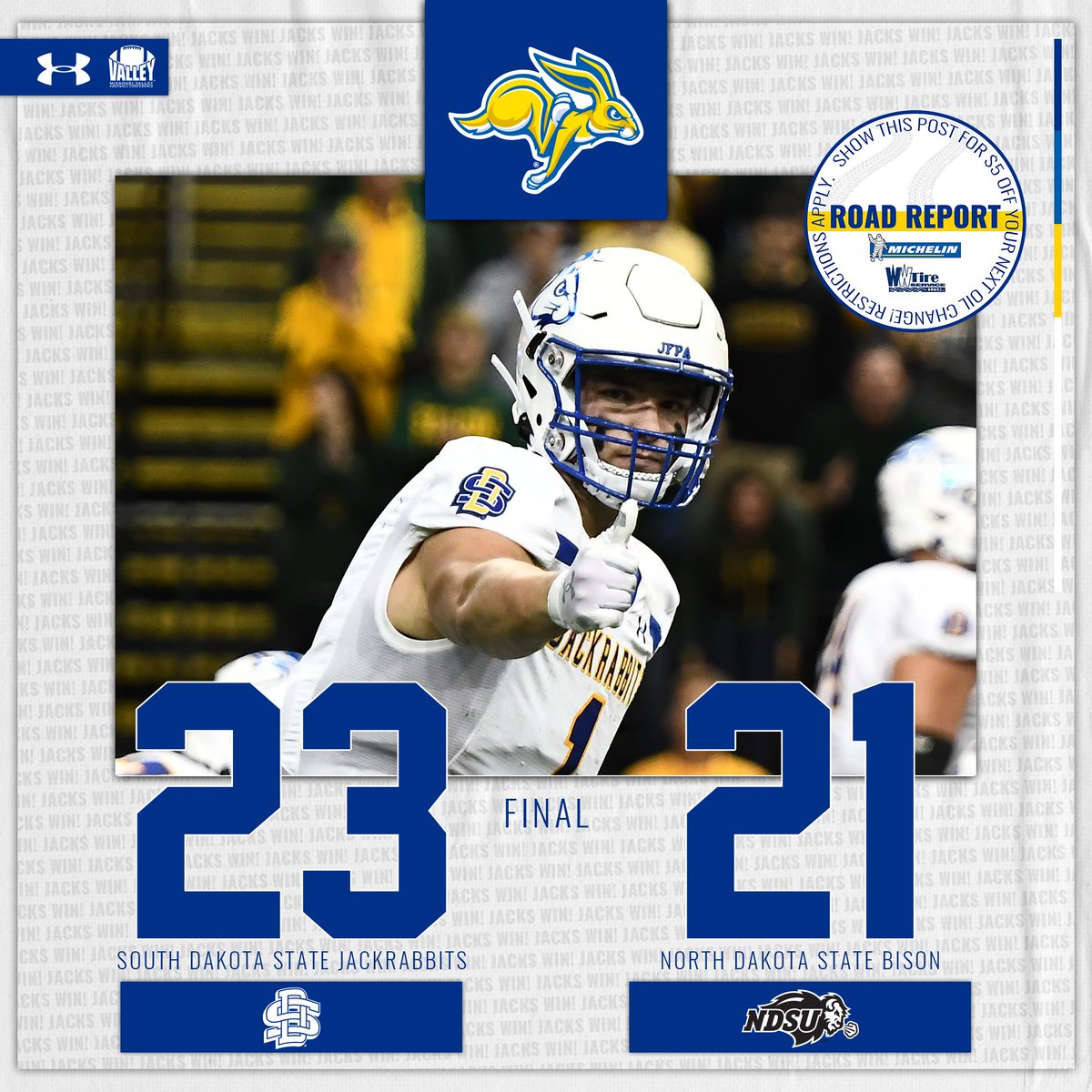 GoJacksFB's tweet image. COMEBACK COMPLETE!

Jackrabbits hold the Dakota Marker for the third year in a row, winning a battle of the top two-ranked teams in the FCS
#GoJacks 🐰🏈