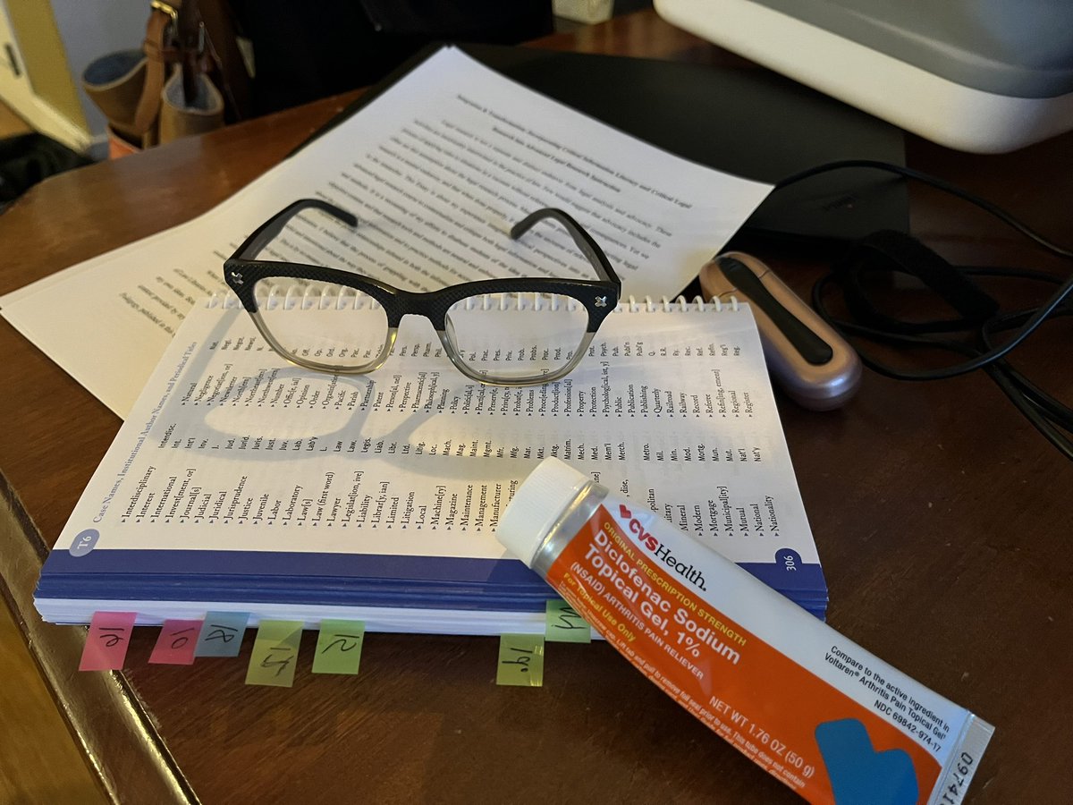 Another writing day, and a pic is worth 1000 words. Apparently Gen X legal writing requires glasses, glasses cleaners, a Bluebook, and arthritis gel. #whendidigetthisold