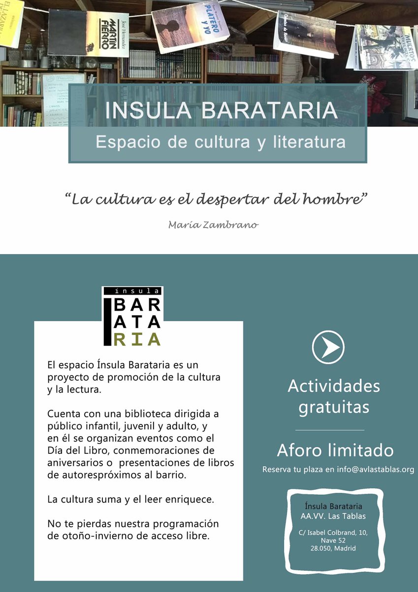 AvLasTablas's tweet photo. Espacio Ínsula Barataria, el espacio de cultura y literatura de la Asociación Vecinal. Tú espacio. Te esperamos. ¡ Hacemos Barrio ! @FRAVM @MADRID @EdPublicaTablas @JMDFuencarral @cdlastablas @zitusmadrid @TablasDigital @LasTablasInfo @fuencarralpardo https://t.co/pYgMO5sRDR