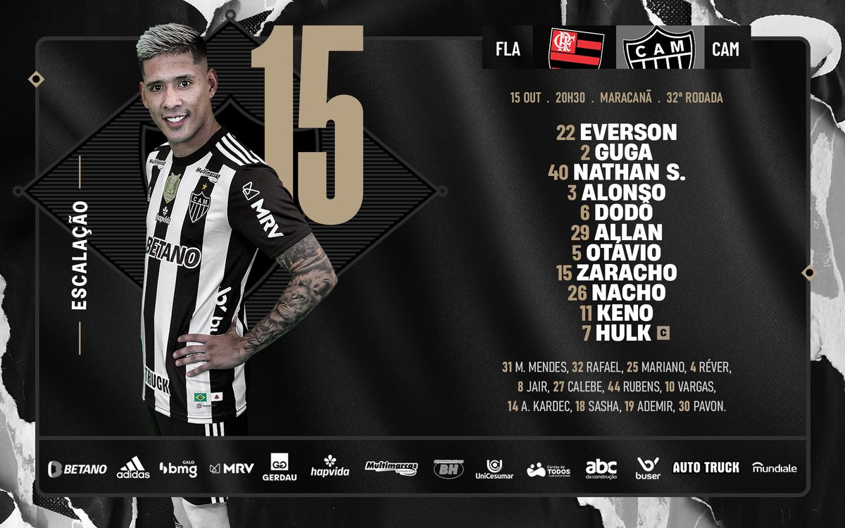 Atletico's tweet photo. 📋 GALO ESCALADO! Confira nossa escalação para enfrentar o Flamengo pelo @Brasileirao.

#VamoGalo #FLAxCAM 🏴🏳️ https://t.co/XzuKHPInBO