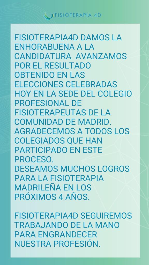 fisioterapia4d's tweet photo. @Fisioterapia4D damos la enhorabuena a la candidatura @AvanzamosFisio por el resultado obtenido en las elecciones del @cfisiomad 
Agradecemos a todos los colegiados que han participado. Deseamos muchos logros para la Fisioterapia Madrileña en los próximos 4 años. https://t.co/pG12iASuyr