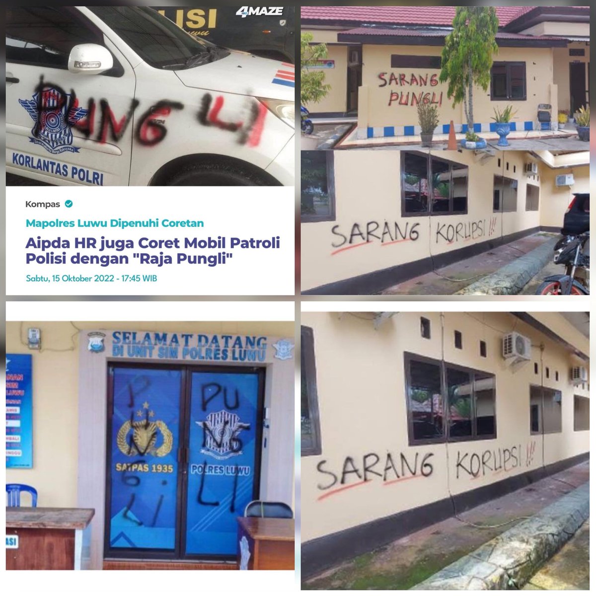 Dinding mako polres Luwu, Sulsel dipenuhi coretan "sarang pungli dan korupsi" pelakunya Aipda HR.
Polisi coret kantor polisi😂🤭