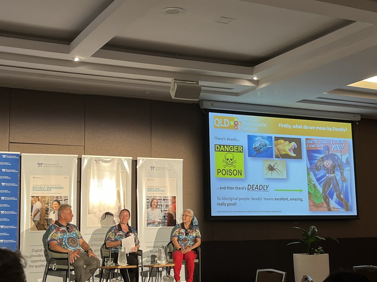 DrFeiSim's tweet photo. Cultural safety is an ongoing learning - become a PSA Deadly Pharmacist today! #QLDATU22 Sunday morning panel with @mptremlett, Lakis “Lucky” Zeniou &amp; Yvette McGrath. @PSA_National @pguthreyRx @markkinsela @Chris_Camp6ell https://t.co/zHNUq5yJJO