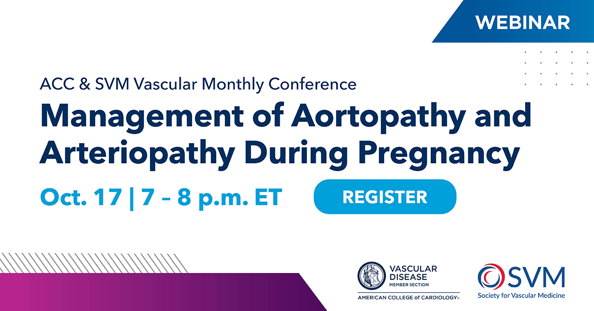 Join us on Monday, 10/17 at 7PM ET for the next SVM/ACC joint webinar! Tune in to learn about 'Management of Aortopathy and Arteriopathy During Pregnancy .' Register here: buff.ly/3T64N2i @herbaronowMD @RKolluriMD @heatherlgornik @DKadiandodov @YogenKanthi @Angiologist