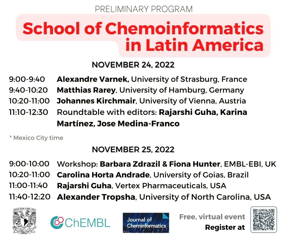 José L Medina-Franco (@difacquim) on Twitter photo Happy to share the preliminary program of the School of Chemoinformatics in Latin America. Registration: docs.google.com/forms/d/e/1FAI…
Looking forward to the talks of <a href="/AlexandreVarnek/">Alexandre Varnek</a> @MatthiasRarey Johannes Kirchmair <a href="/rguha/">Rajarshi Guha (@rguha.bsky.social)</a> <a href="/karma_twitt/">Karina Martinez</a> <a href="/BZdrazil/">Barbara Zdrazil</a> <a href="/carolinahortago/">Carolina Horta Andrade</a> Alexander Tropsha Happy to share the preliminary program of the School of Chemoinformatics in Latin America. Registration: docs.google.com/forms/d/e/1FAI…
Looking forward to the talks of <a href="/AlexandreVarnek/">Alexandre Varnek</a> @MatthiasRarey Johannes Kirchmair <a href="/rguha/">Rajarshi Guha (@rguha.bsky.social)</a> <a href="/karma_twitt/">Karina Martinez</a> <a href="/BZdrazil/">Barbara Zdrazil</a> <a href="/carolinahortago/">Carolina Horta Andrade</a> Alexander Tropsha
