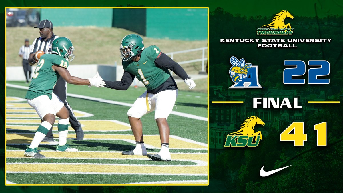 KYSUAthletics's tweet photo. FB: Kentucky State Football defeats the @auyellowjackets 41-22 for homecoming! #KSUFB https://t.co/Nr2uVWOCdT