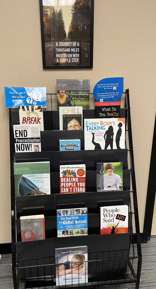 Strategic placement of #library #resources throughout the building this year. These #SEL books are taking a little trip to our Student Services dept this month.