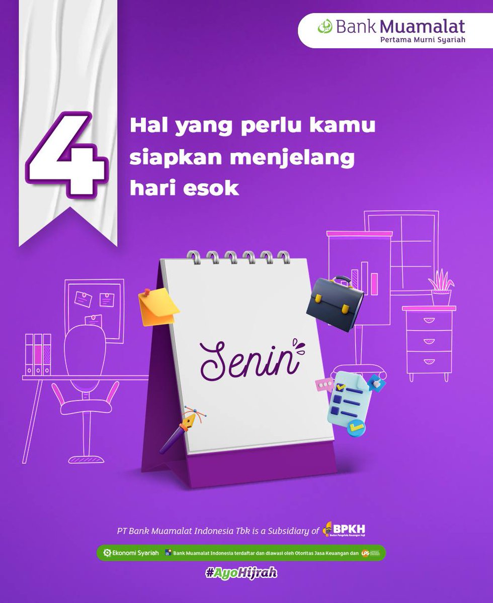 BankMuamalat's tweet photo. Assalamualaikum BMers!
Apa?!! Besok sudah hari Senin?! Huft, cepat banget ya BMers! Ayo sambut hari Senin-mu dengan penuh semangat dengan lakukan 4 hal mudah ini dan hadapi hari Senin-mu dengan senyuman!
#MuamalatTips
#BankMuamalat
#BankSyariah https://t.co/31Sc1Hk4x2