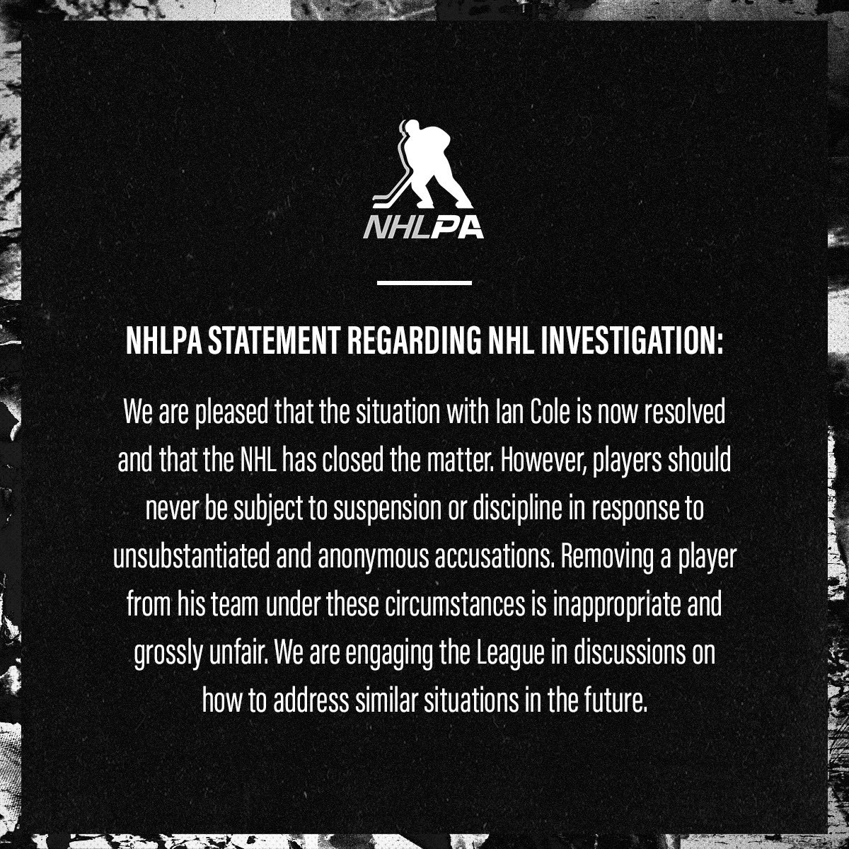 The NHLPA has issued a statement regarding the NHL's recent investigation.