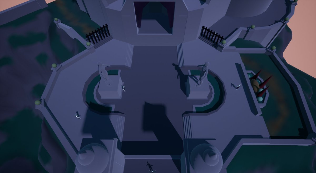 BrandonJorgen's tweet photo. For this arena, I started with balance in mind but then I ended up with this. I was interested in adding experimental things like a lip around the pillars that melee would have to jump up, and a side garden to make the arena asymmetrical. Sorry Melee😏 #Blocktober https://t.co/qa1Xg4ogbp
