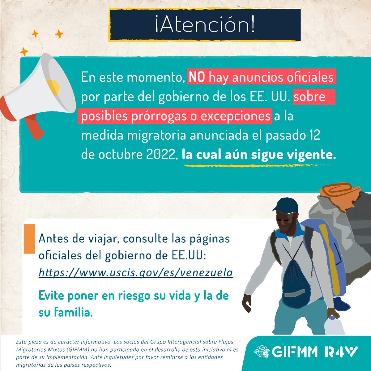 egaviri3's tweet photo. 📢¡Cuidado! Falsos rumores sobre una posible prórroga o excepciones a la reciente medida migratoria de EE.UU.🇺🇲 está circulando por redes sociales, ¡No son ciertas! Antes de tomar una decisión, ℹ️ revisa la página oficial de los EE.UU: https://t.co/iMhQoi77Pk

#GIFMMContigo https://t.co/mZ8PlR1h8G