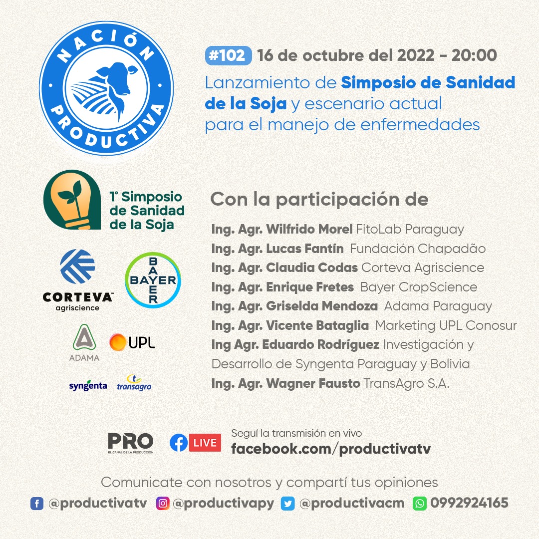 DavidGonMenc's tweet photo. Lanzamiento oficial del Simposio de Sanidad de Soja🌱 y escenario actual para el manejo de enfermedades es el tema que nos convoca este domingo en el agroclásico👊 #NaciónProductiva🔝✔ 

Acompañanos a partir de las 20:00 a través de @canalpropy y Facebook live de ProductivaTV. https://t.co/pnp5sr1VyT