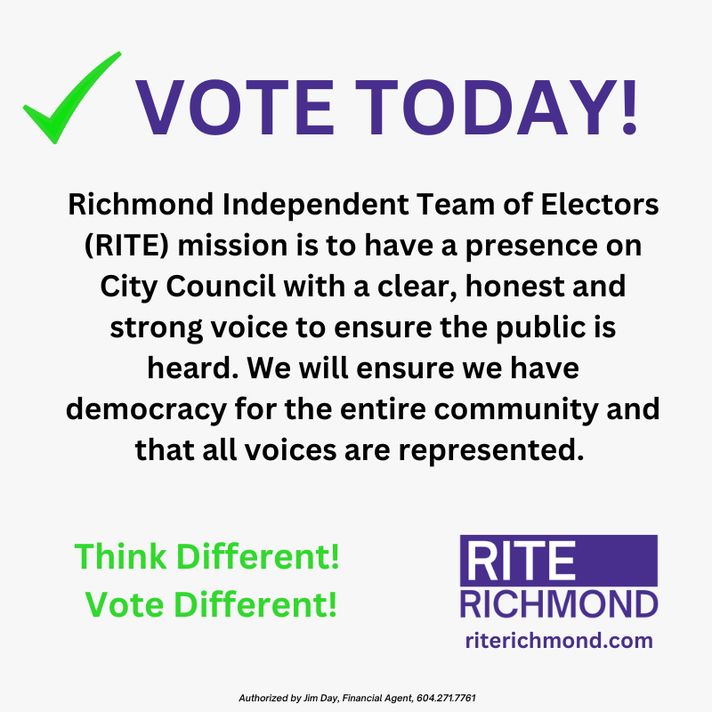 dickey4council's tweet photo. Vote the #RITE way TODAY!
Independent Voices on City Council serving You! #carolday #johnroston #michaelwolfe #lauragillanders #jeromedickey
#rmdelxn #richmondbc #riterichmond #thinkdifferent https://t.co/7VWrszgJPk