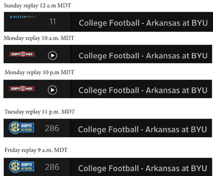 RalphZobell's tweet photo. Hopes for #GoCougs in #ArkvsBYU ended in #Gohogs 52-35 win.  Five MDT replays of #BYUfootball game starting at midnight on #BYUTV, then 2 on Mon. @ 10 am &amp; 10 pm on #ESPNU, plus 2 on #SECtv on Tues. @ 11 pm &amp; Fri. @ 9 am. Next game for #GoCougs is Sat. @LibertyFootball @ 3:30 EDT https://t.co/vIC5A5EhQK