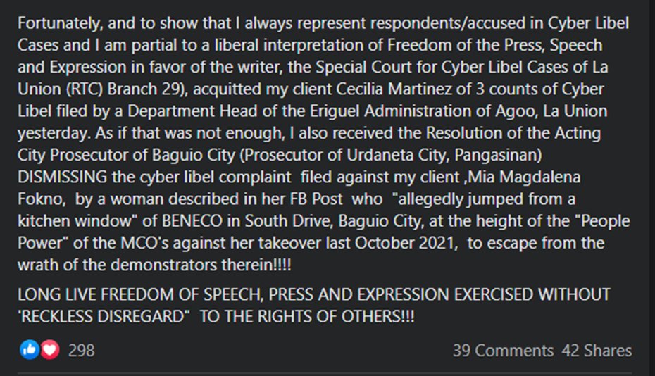 From FB: Ang summary ng Lawyer from Cordillera is: Even if he favors freedom of expression liberally, the RTC ruling against Ma. Ressa is CORRECT. Its not about freedom of the press, its about being a responsible journalist.