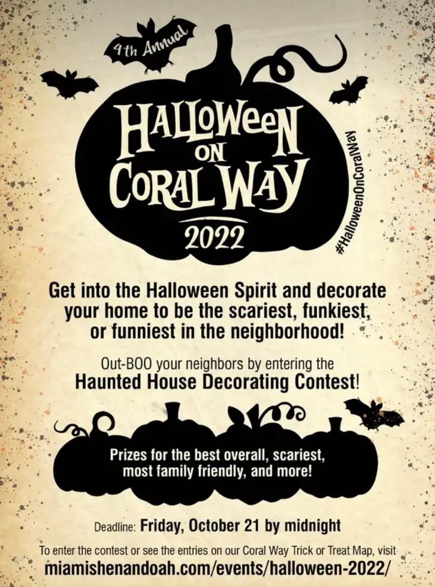 MiamiSBNA's tweet photo. Halloween on Coral Way house decorating contest is back in #silverbluff and #shenandoah ! Thanks to the Miami Shenandoah Neighborhood Association for partnering with us again and making it possible! π π» π§ββοΈ see flyer for contestant and judge sign up π https://t.co/CvWcn2RQgq