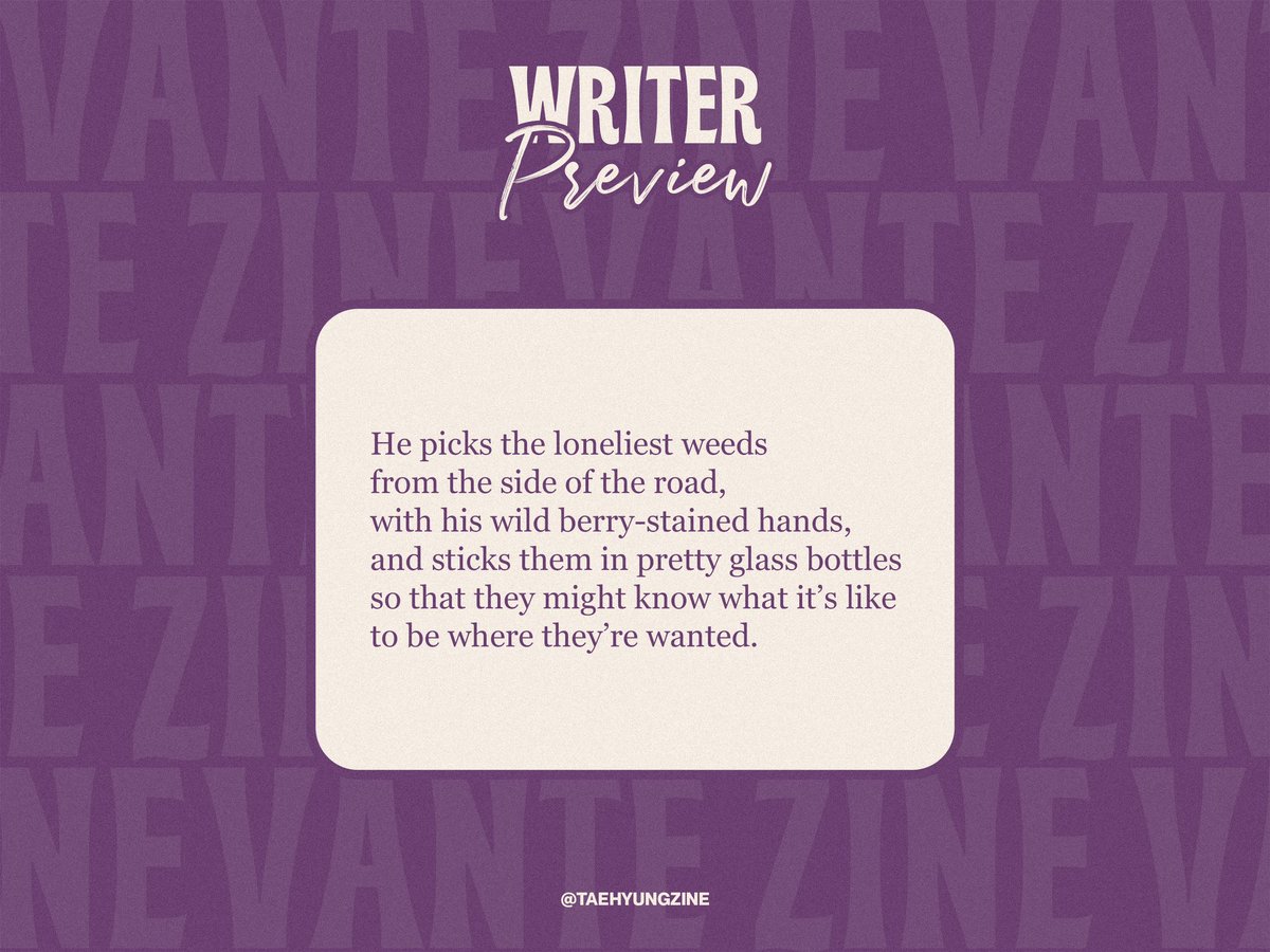 dropping by to share a snippet of one of the handful of poems i had the pleasure to write for <a href="/TaehyungZine/">Vante: Taehyung Zine 🎨 Digital Orders Open!</a> 💜🥺 treat yourself to a copy of the tete-loving zine from their store! ⬇️

taehyungzine.bigcartel.com