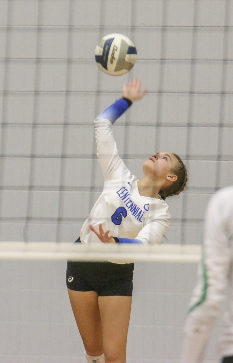 VB: <a href="/kate_luebbe/">Kate Luebbe</a> of <a href="/CentennialVB18/">Centennial Volleyball</a> serves against Wilber-Clatonia Oct. 15. #broncoblue #starttheplay