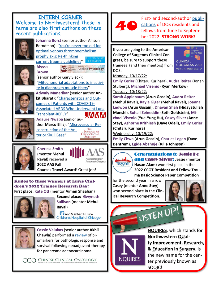 Proud to present the Fall 2022 edition of “SURGE-N” highlighting the research activities and accomplishments of trainees in <a href="/NMSurgery/">Northwestern Surgery</a>. 
Special thanks to Maggie Reilly, MD integrated vascular PGY2, who was the Guest Editor.