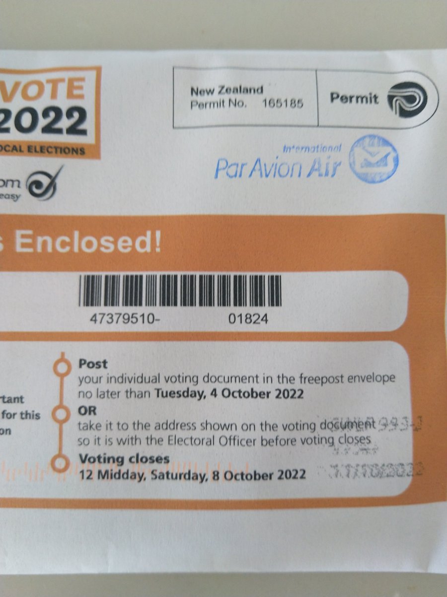 ninyamaubach's tweet photo. I wonder what day my NZ local council voting papers were actually posted on @ElectoralCommNZ ? 
Ballot due 4/10/22. 
@auspost delivered to my house 15/10/22.  
Not that I would have voted, but what a waste of resources due to failed processes. https://t.co/C2ZftmSdvi