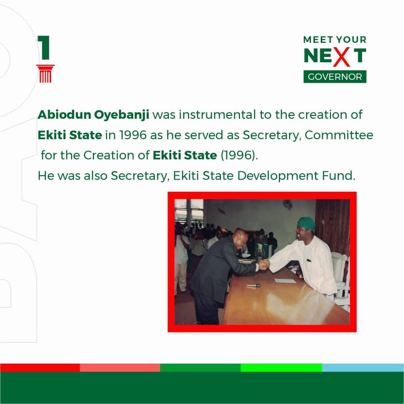 AyomideOmoo's tweet photo. @biodunaoyebanji Abiodun Oyebanji was instrumental to the creation of Ekiti State in 1996 as he served as Secretary, Committee for the Creation of Ekiti State (1996). He was also Secretary, Ekiti State Development Fund.

#BAO4Ekiti https://t.co/6ojIISIxkr
