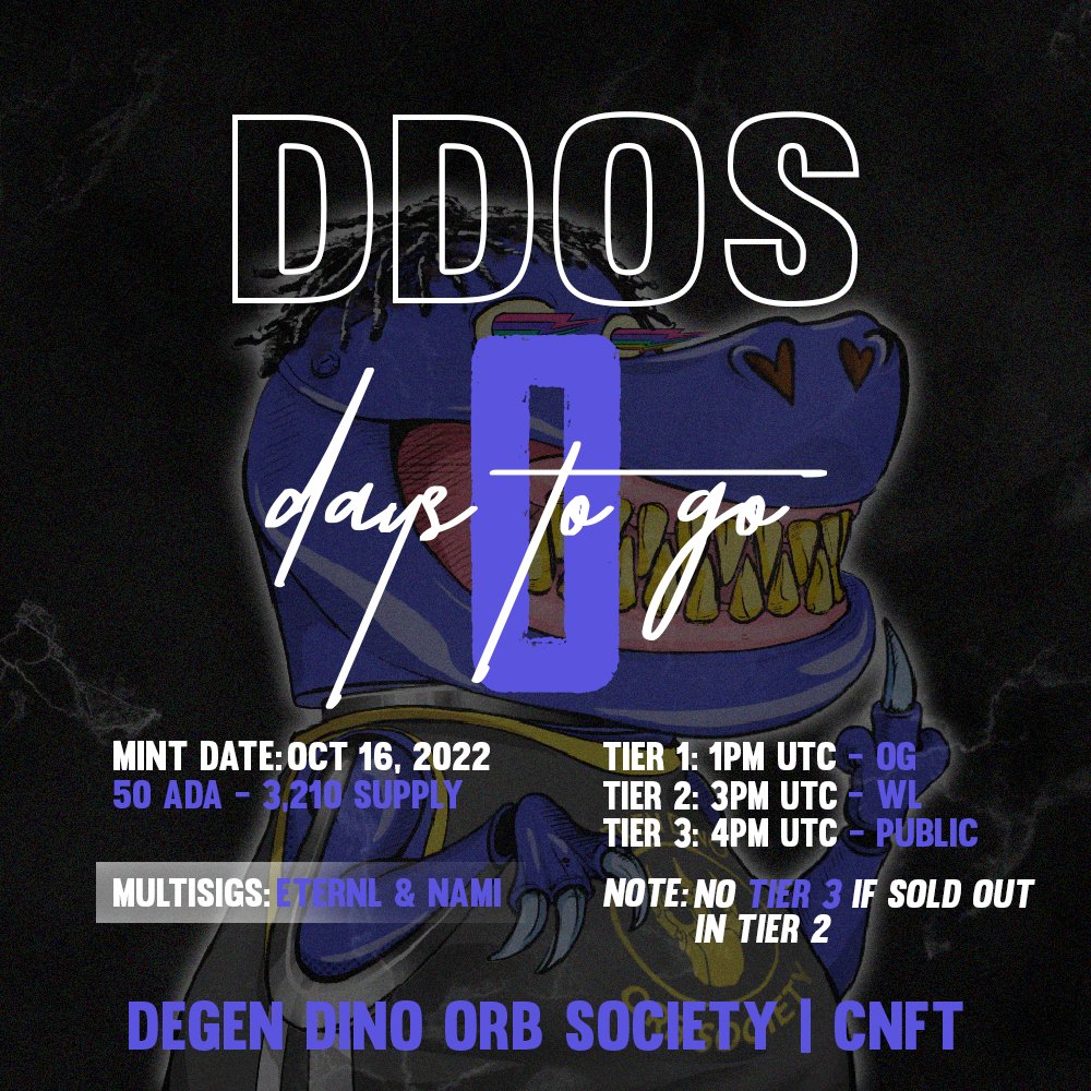 DDoS_CNFT's tweet photo. 𝐎𝐟𝐟𝐢𝐜𝐢𝐚𝐥 𝐌𝐢𝐧𝐭 𝐬𝐭𝐚𝐫𝐭𝐢𝐧𝐠 𝐚𝐭 𝟏 𝐏𝐌 𝐔𝐓𝐂(𝐈𝐧 𝟕 𝐡𝐫𝐬) 🦖✨

The last 3 WL #CNFTGiveaway 
➤ Follow @DDoS_CNFT
➤ RT &amp; Tag 2 frens
➤ Join our discord

6 hrs and we pick winners!
#CardanoNFT #CNFTCommunity #CNFT https://t.co/UkSpdtVJw6