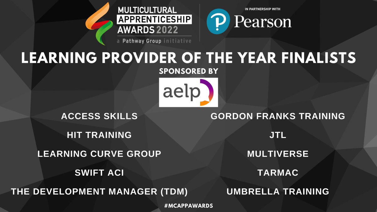 🏅 LEARNING PROVIDER OF THE YEAR FINALISTS 2022 🏅

Sponsored By <a href="/AELPUK/">AELP</a>

📅 Winners Revealed Friday 4th November 2022 🏆

…lticulturalapprenticeshipawards.co.uk

#MCAppAwards #LearningProvider #Apprenticeship #Apprenticeships