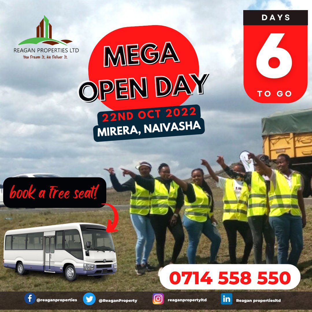 ReaganProperty's tweet photo. We are counting down to our big day in Naivaisha! Book a free seat on the bus tour. We are selling plots with READY TITLE DEED at 650K. Book with 100K only! Call 0714 558550
#Plotsforsale #ReadyTitleDeeds #LandForSale #ServicedPlots #valueaddedplot #naivashaplots #migunamiguna https://t.co/2xJwaa5Ryu