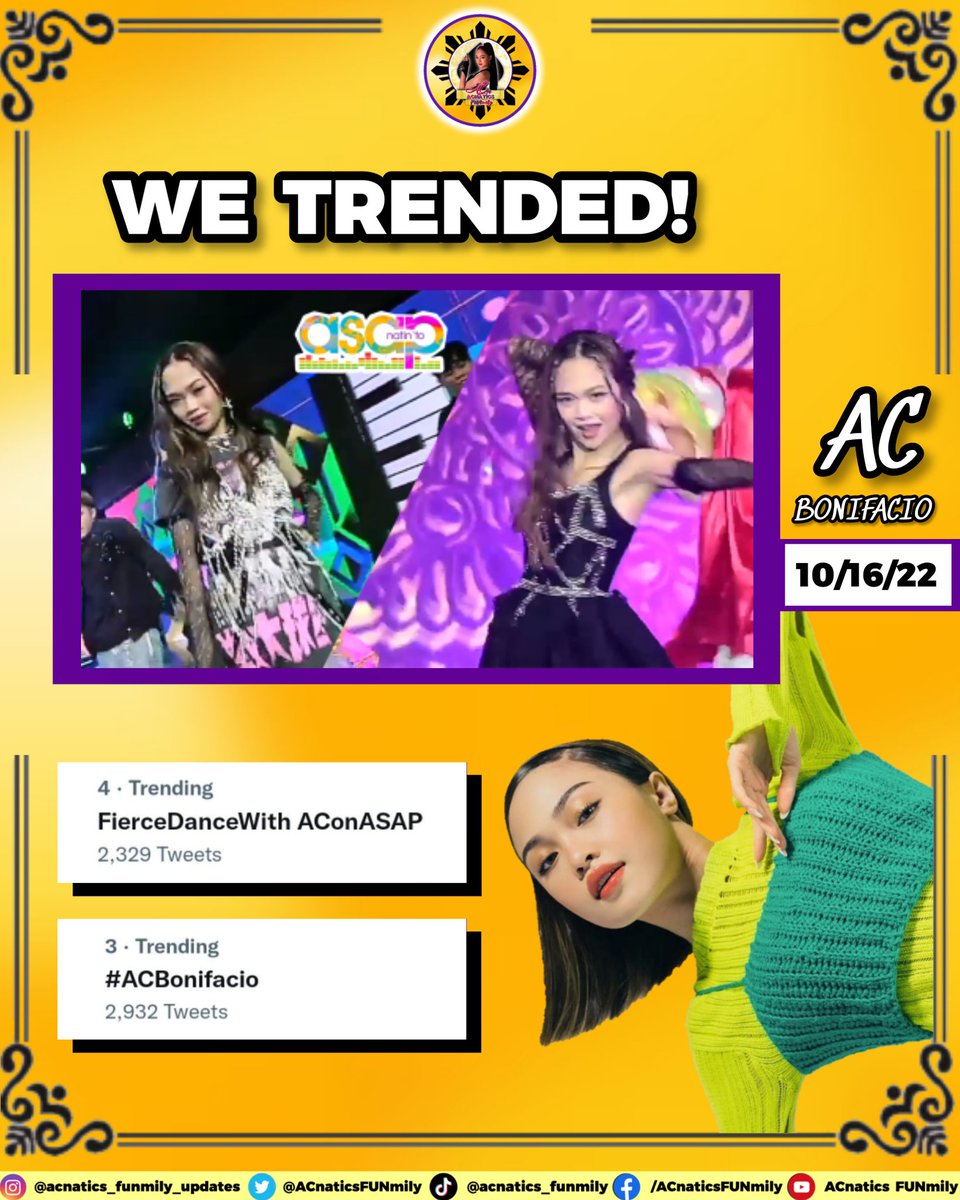 ACnaticsFUNmily's tweet photo. WE TRENDED! THANK YOU SO MUCH, FAM! 💛💛💛

FierceDanceWith AConASAP
#ACBonifacio

#ASAPNatinTo @asapofficial
- October 16, 2022 -

@BonifacioAc #ASAPNatinTo #ASAPmusicFest @ASAPOfficial https://t.co/c2zDXr1lNr