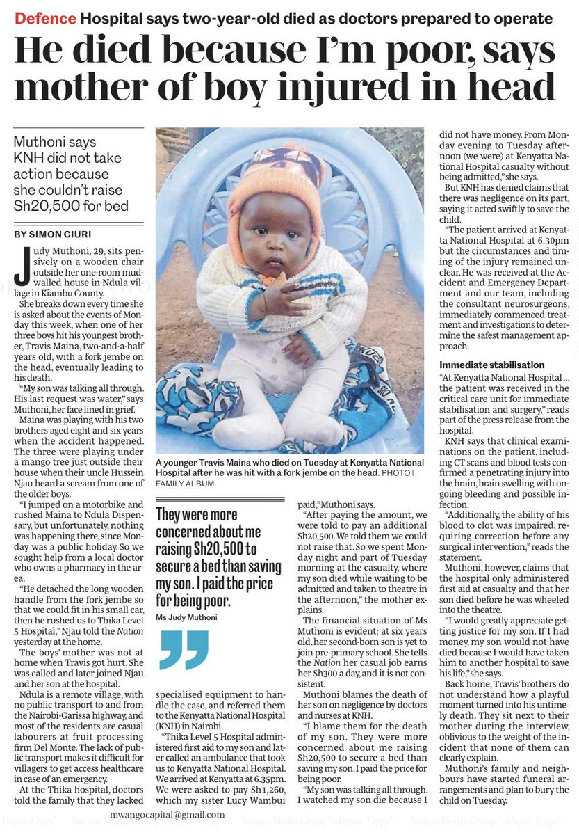 AfUncensored's tweet photo. "They were more concerned about me raising sh 20,500 to secure a bed than saving my son" Judy Muthoni.

5 years ago, we did a piece on Deaths and Misdiagnosis in Kenyan hospitals. Check out #MurkyMedics by @KabugiMbae: https://t.co/9fyjuZvaVk https://t.co/1laU1sSi5U