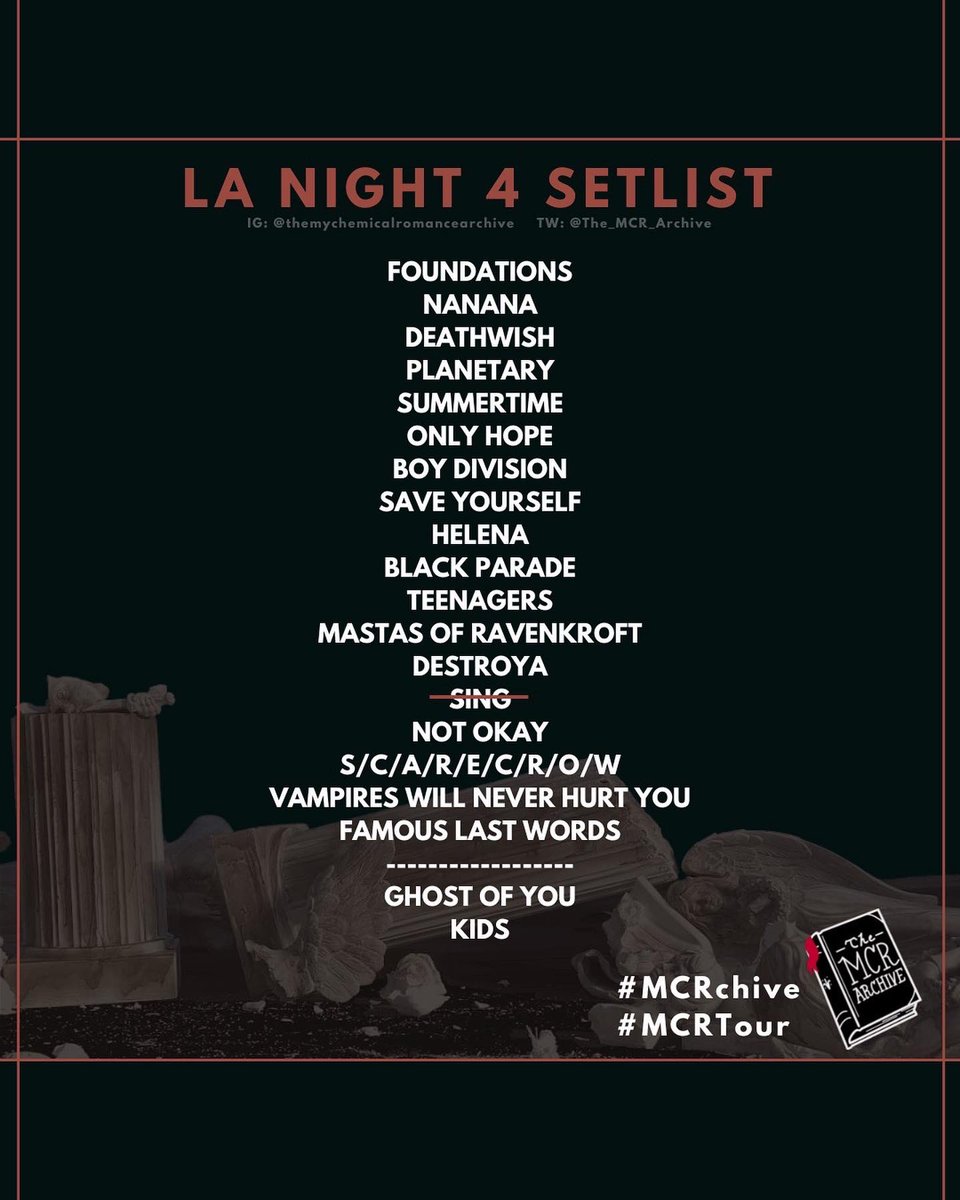 The_MCR_Archive's tweet photo. THE OFFICIAL SETLIST FOR #MCRLA4! See you MONDAY for #MCRLA5!

#mychemicalromance #mcrchive https://t.co/MdV5QiEQ8F